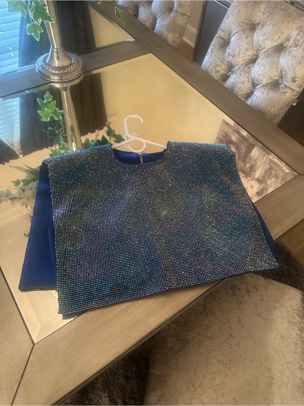 Blue Rhinestone Embellished Crop Top